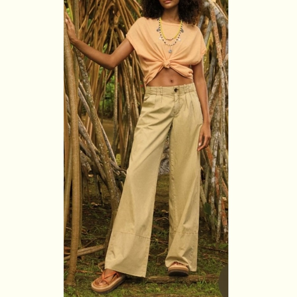 Free People Marina Low Rise Pleated Cuffed Hem Wide Leg Washed Trouser Pants - Picture 8 of 16